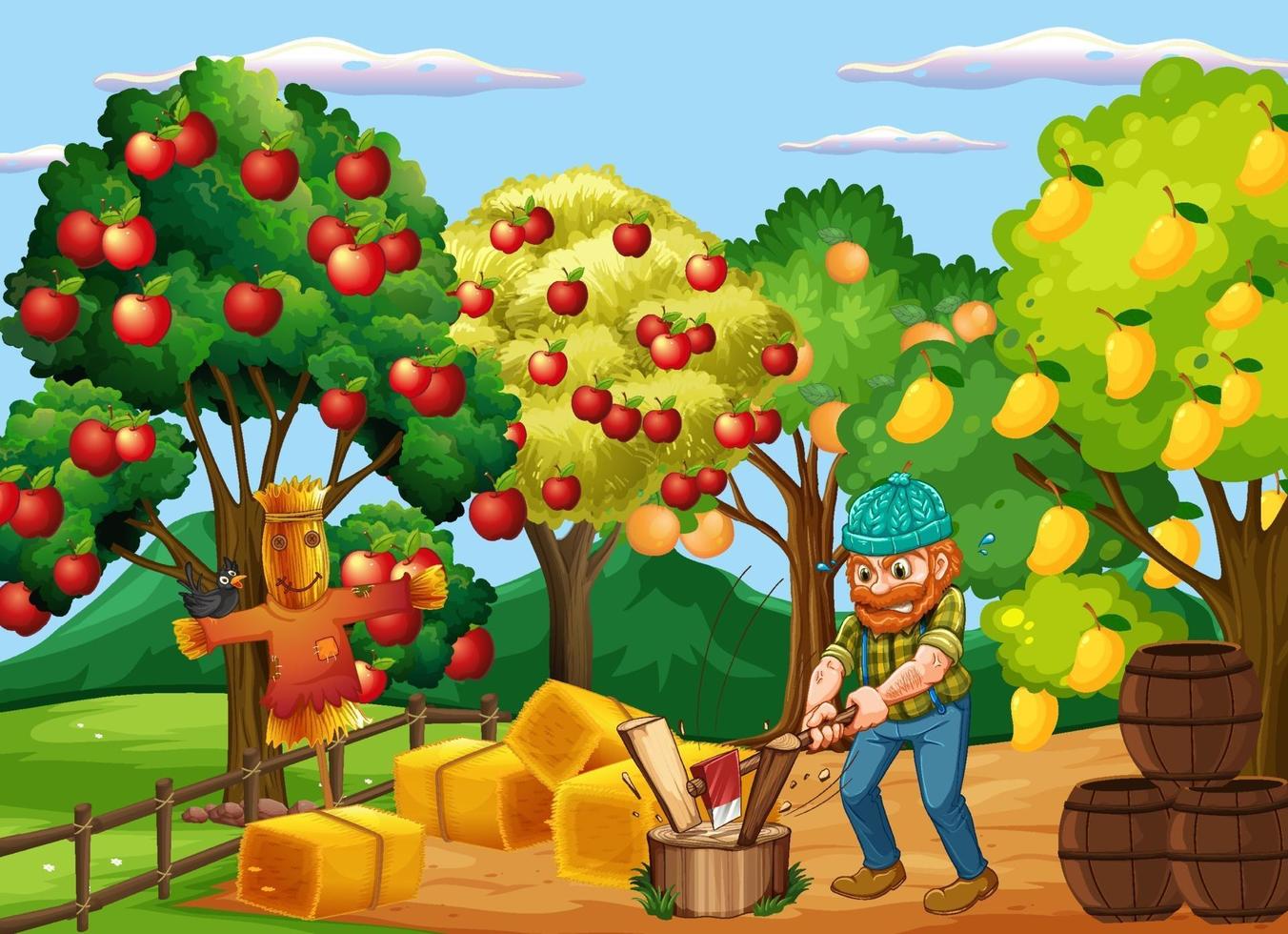 escena de la granja con granjero y muchos árboles frutales. vector