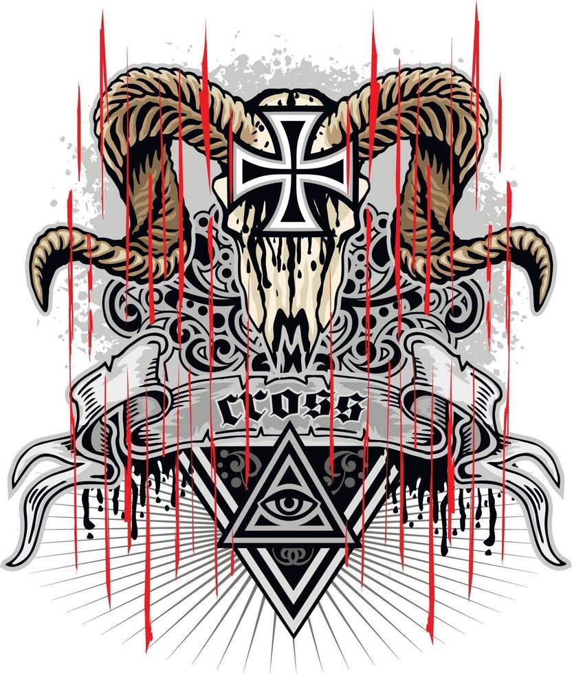 Gothic sign with ram skull and cross , grunge vintage design t shirts vector