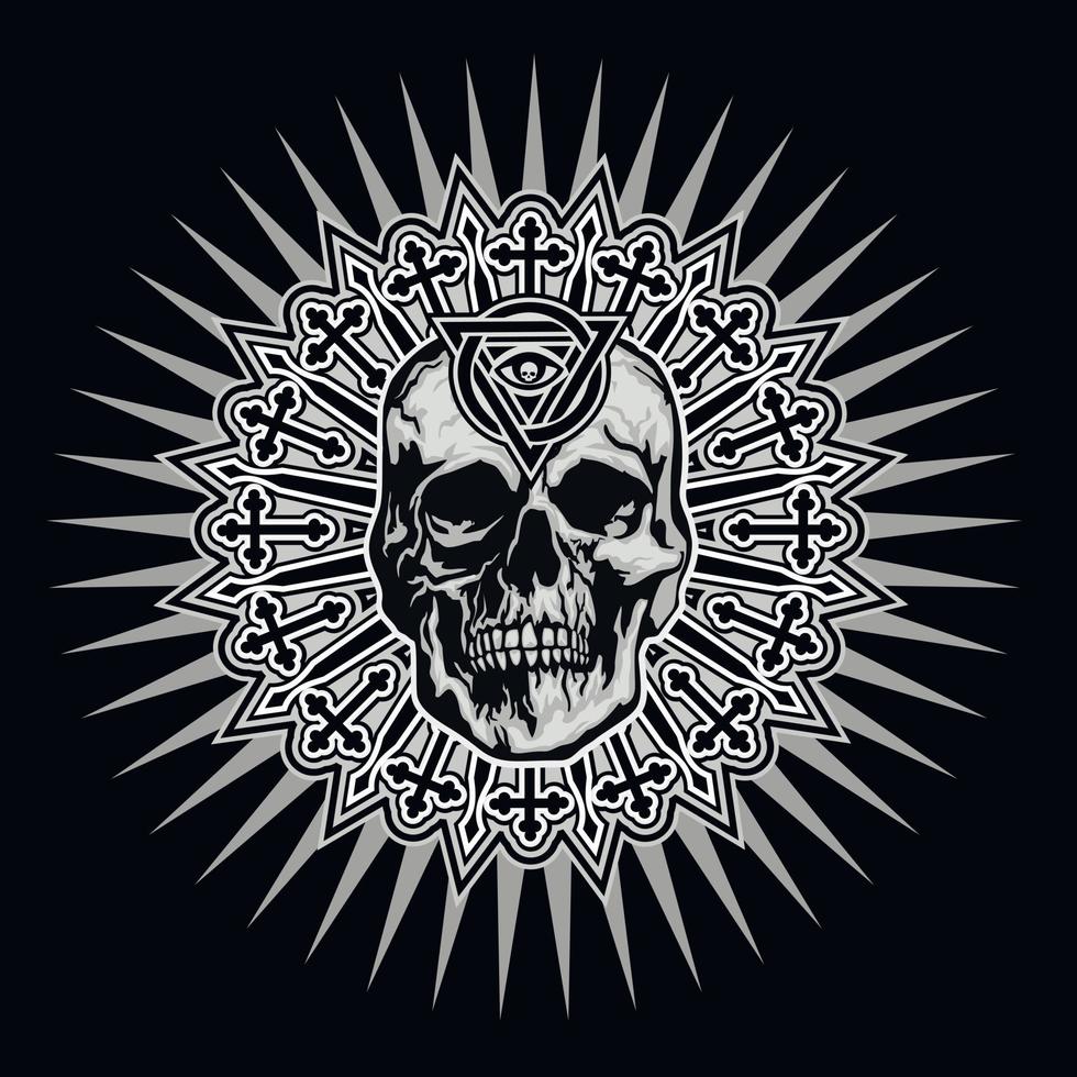 Signo gótico con calavera y ojo de la providencia en triángulo, camisetas de diseño vintage grunge vector