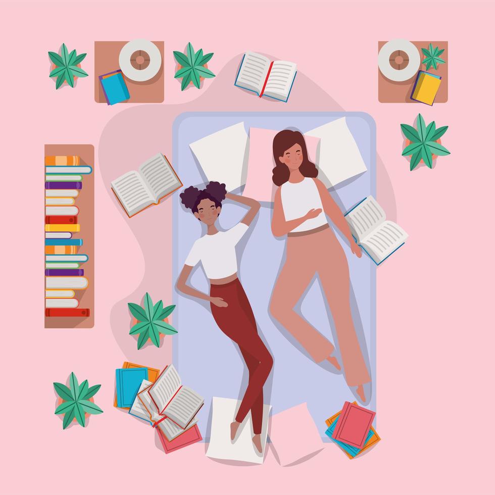 young women relaxing in mattress in the bedroom vector