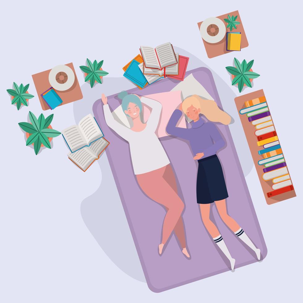 young women relaxing in mattress in the bedroom vector