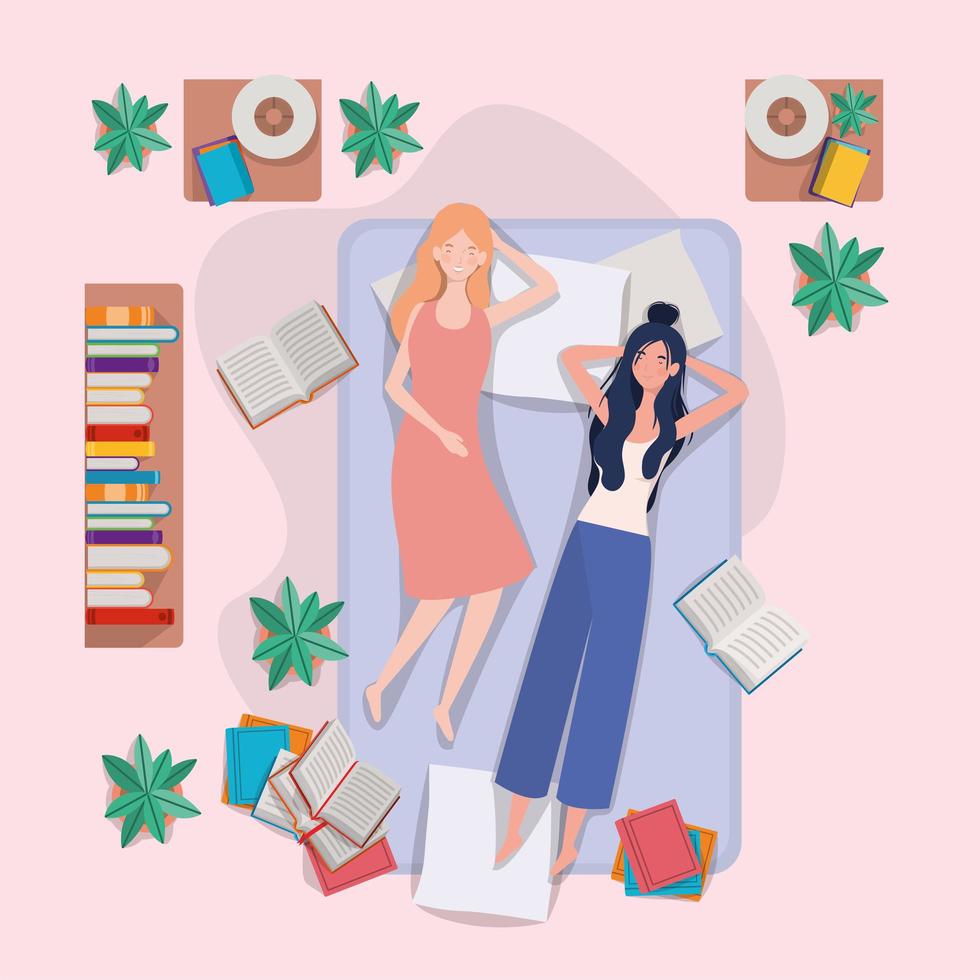 young women relaxing in mattress in the bedroom vector