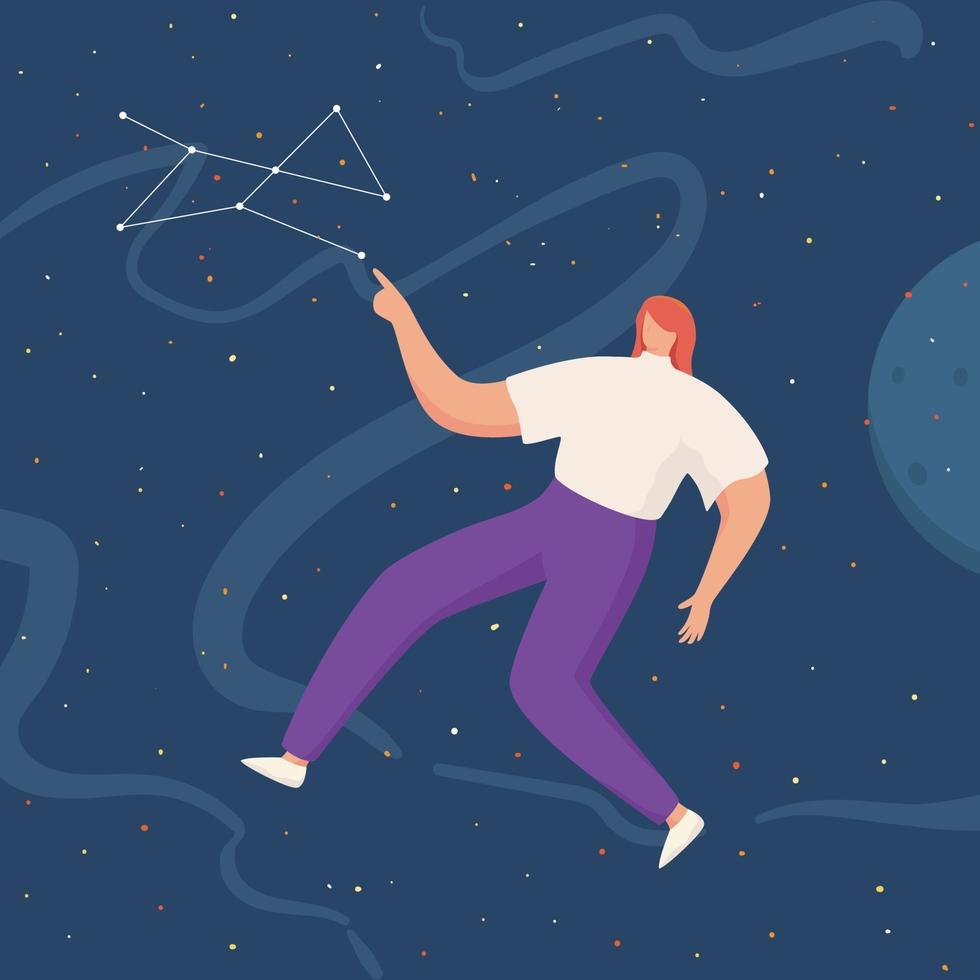 women floating in space with planets and stars. flying in sky with stars wearing casual clothes vector