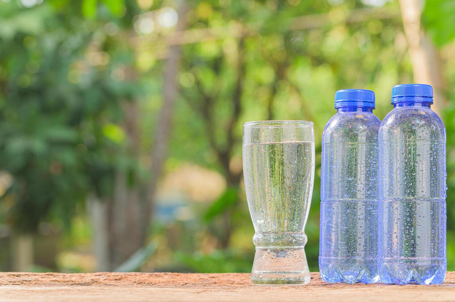 Bottles and classes of drinking water photo