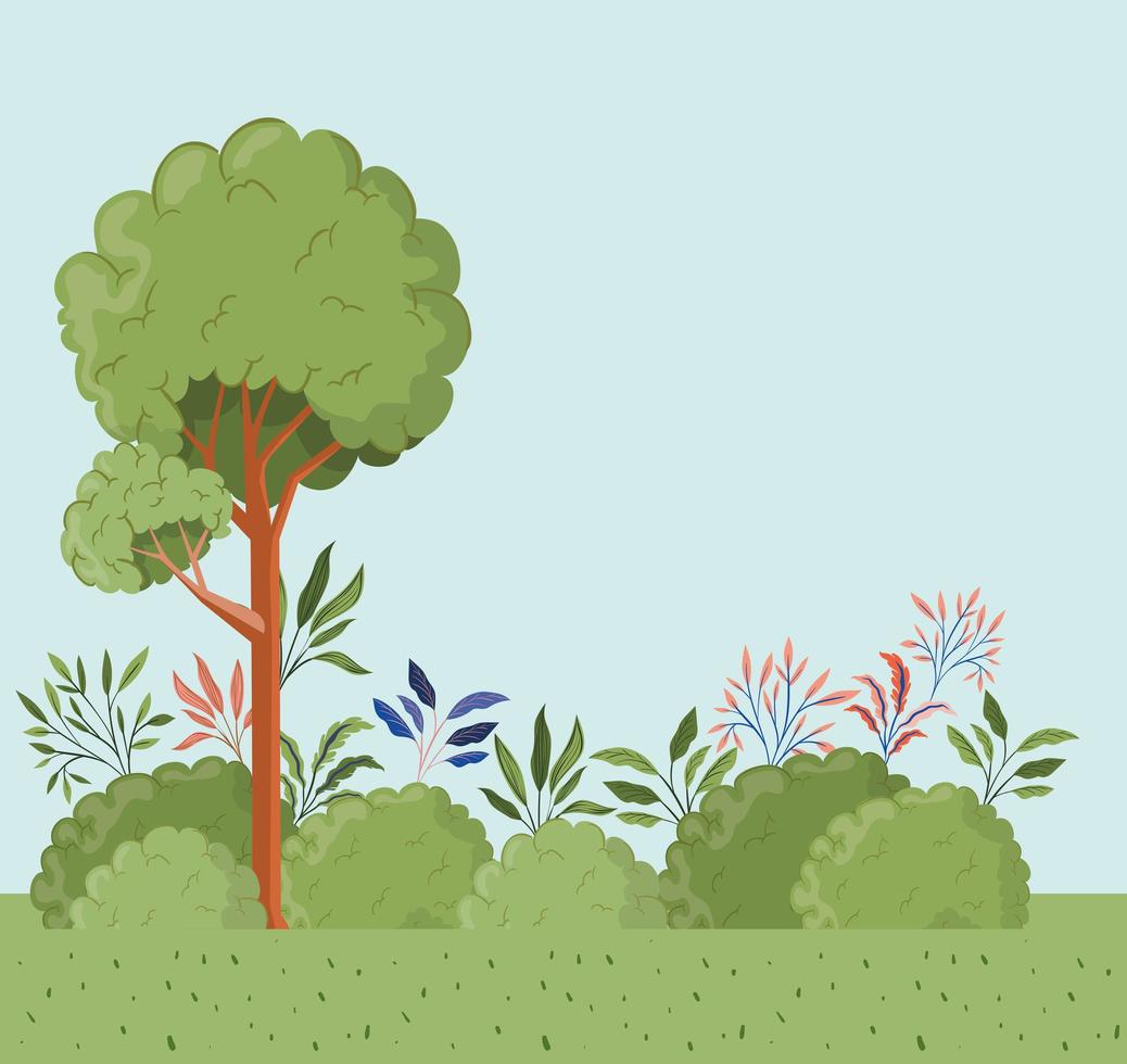 trees and leafs with bush landscape scene vector