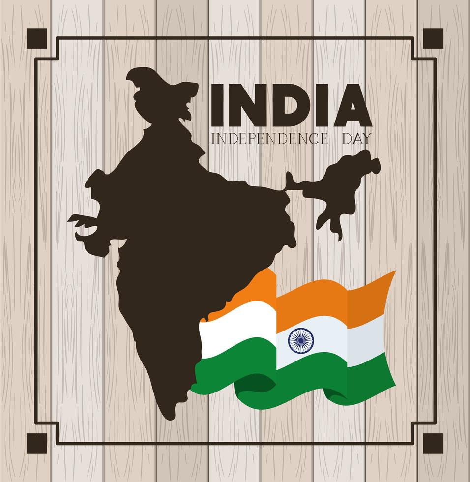 bandera india del día de la independencia y mapa con fondo de madera vector