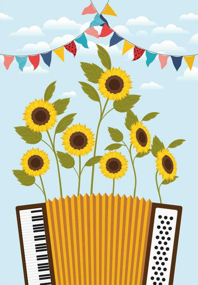 Jardín de girasoles con escena de acordeón y guirnaldas. vector