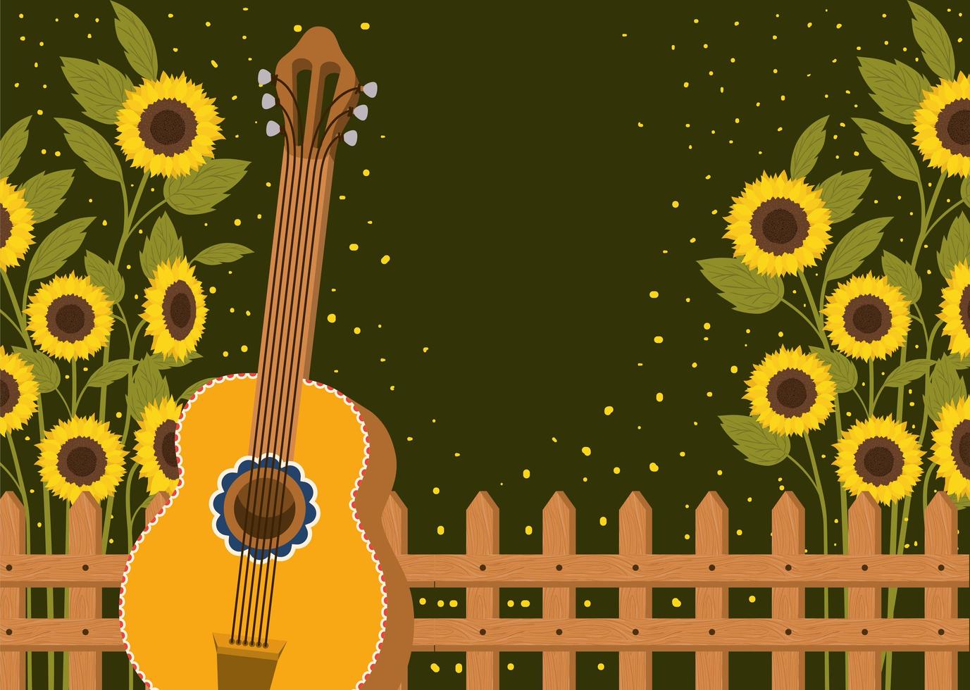 Hermoso jardín de girasoles con valla y guitarra. vector