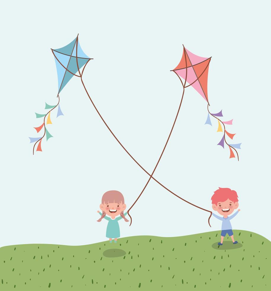 happy little kids flying kites in the field landscape vector