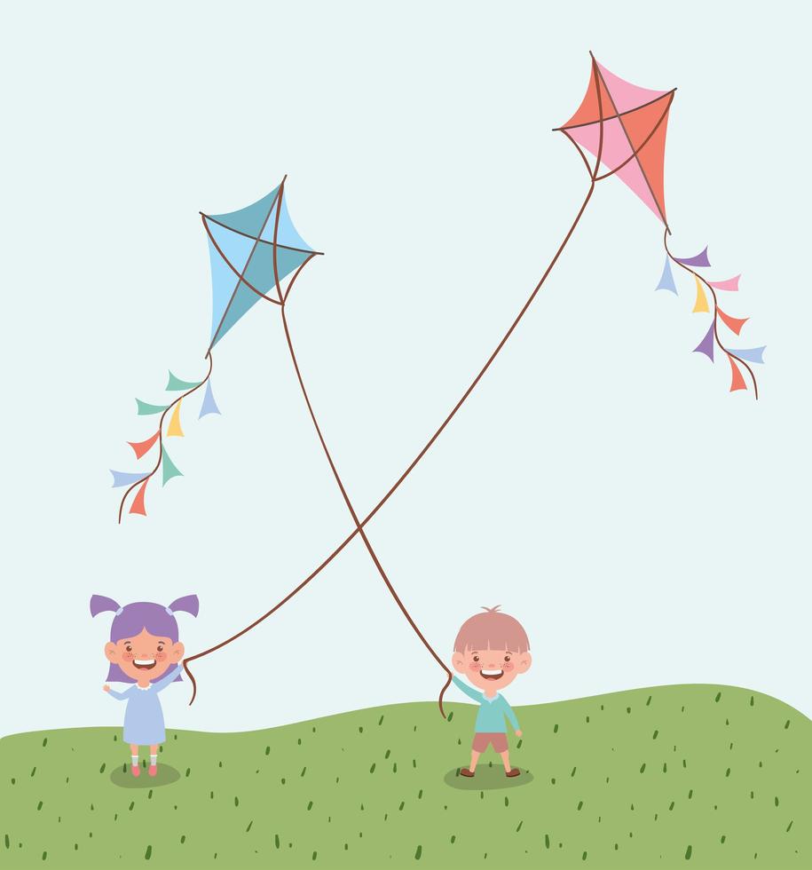 happy little kids flying kites in the field landscape vector