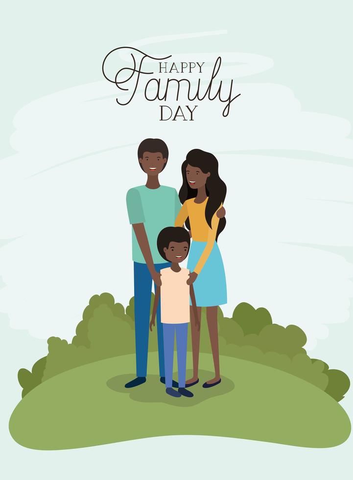 family day card with black parents and son in the field vector