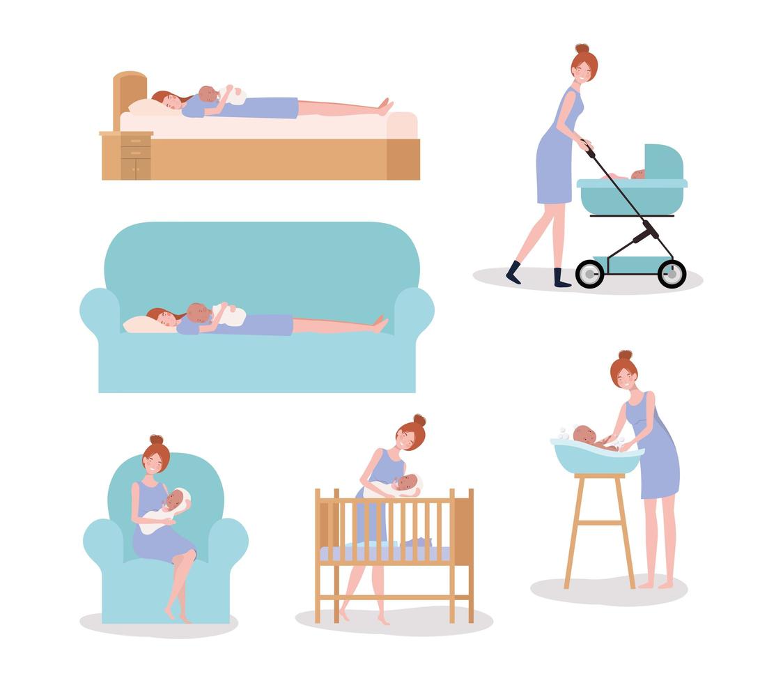 cute mother with newborn baby set activities vector