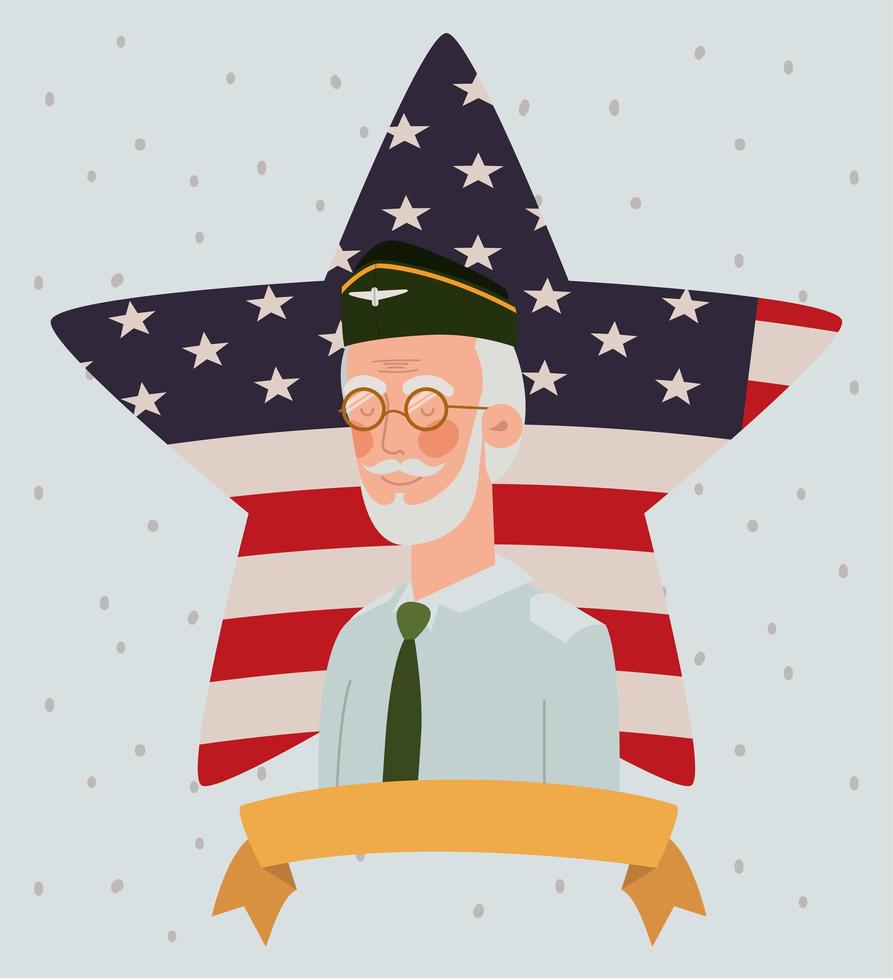 memorial day card with veteran and usa flag in star vector