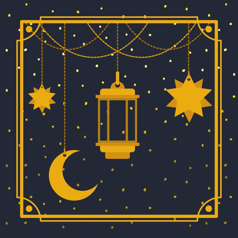 ramadan kareem golden frame with lamp and moon ,stars hanging vector