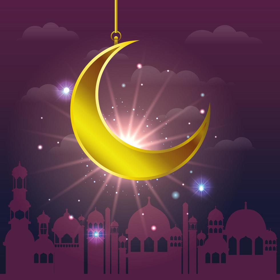 paisaje urbano de ramadan kareem con luna dorada colgando vector