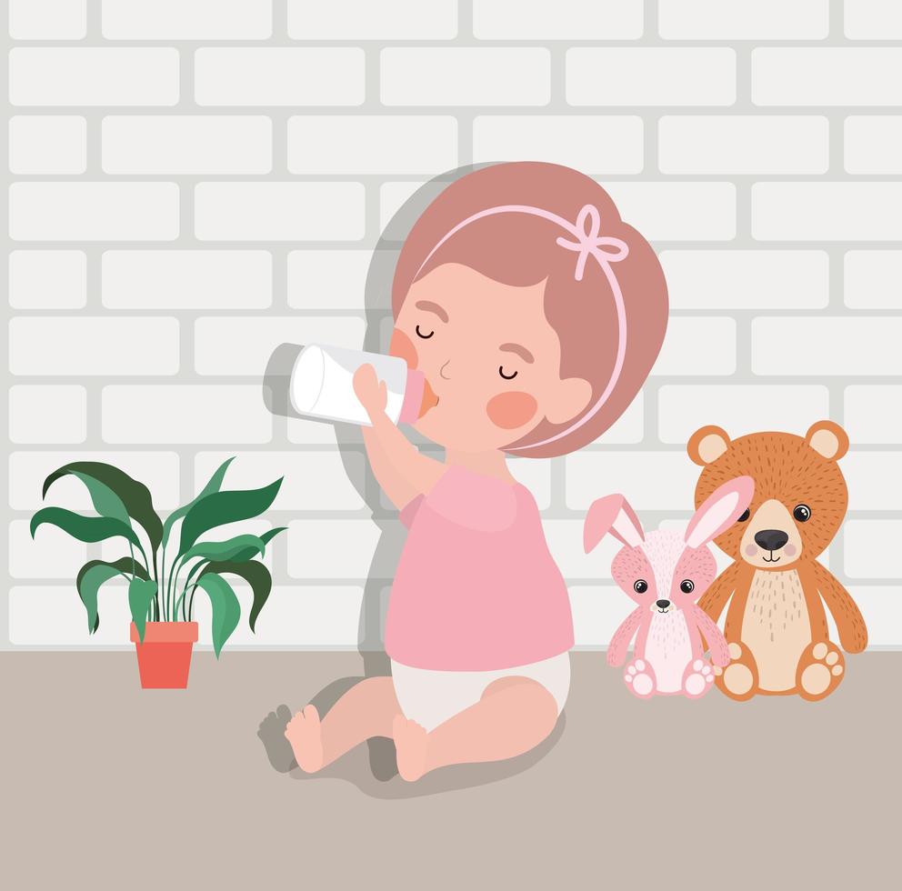 little baby girl with bottle of milk and stuffed toys character vector