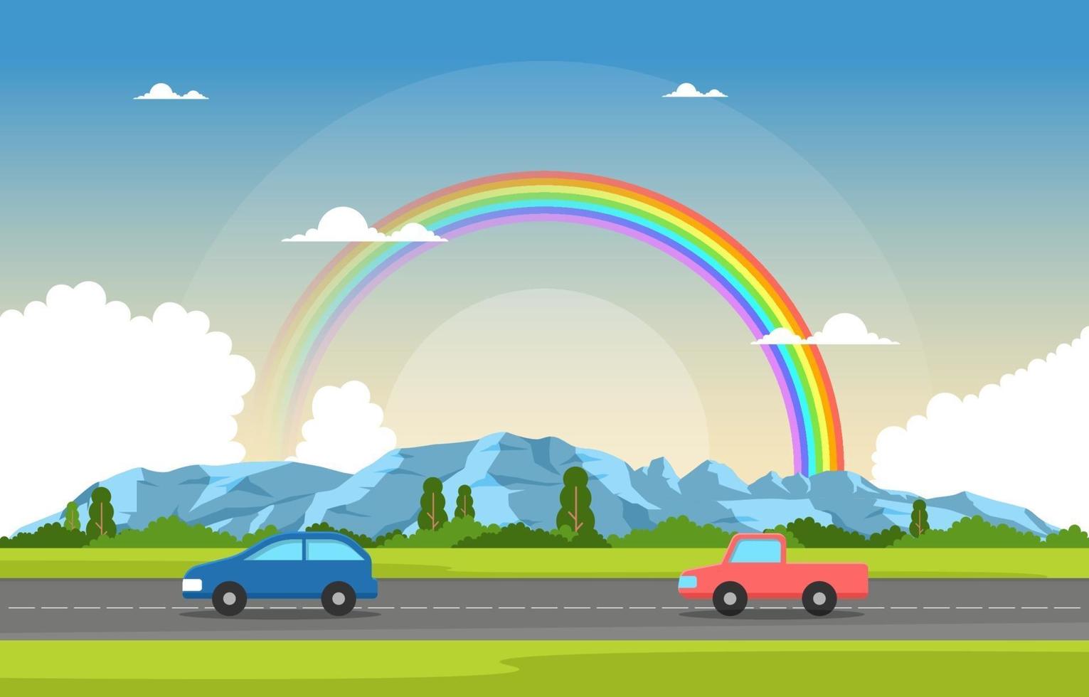 Mountain Road Rainbow Nature Landscape Scenery Illustration vector