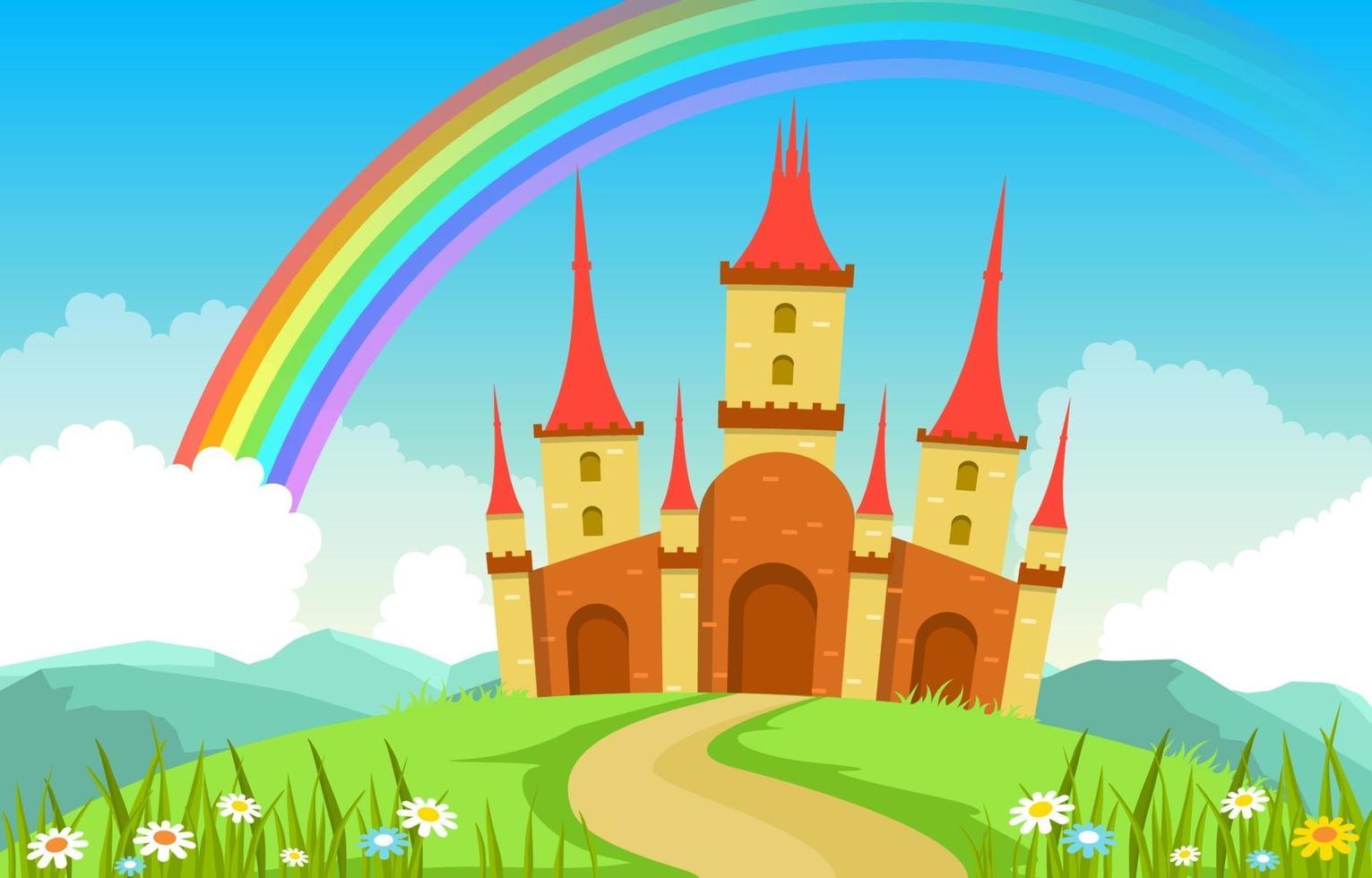 castillo palacio arcoiris en el país de las hadas cuentos de hadas paisaje ilustración vector