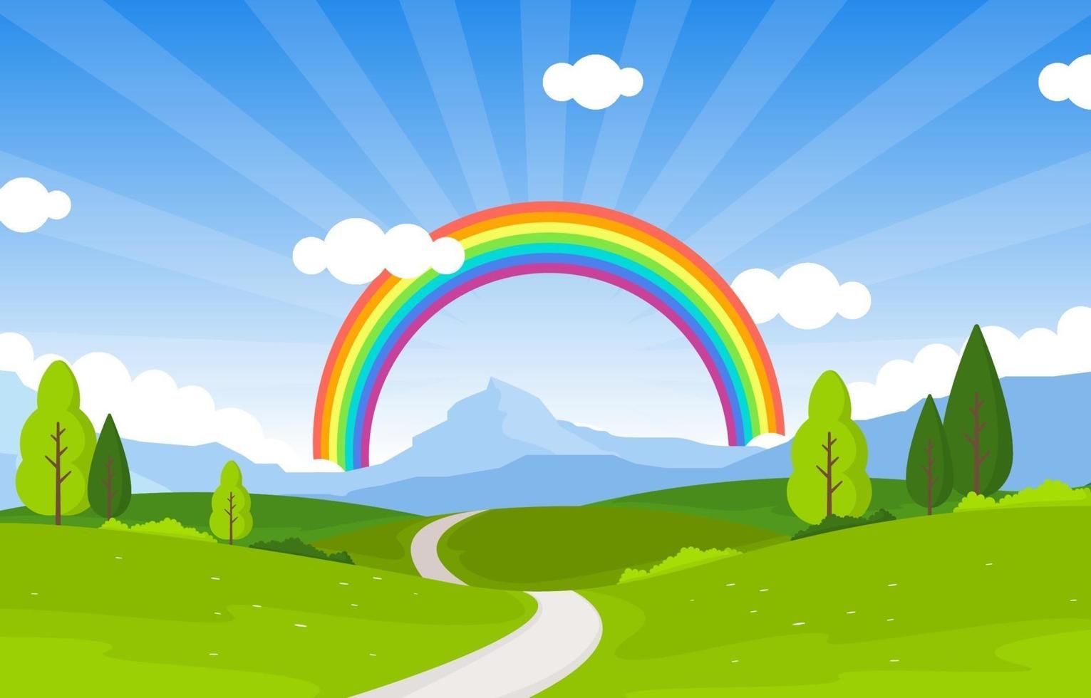 camino sinuoso arco iris naturaleza paisaje paisaje ilustración vector