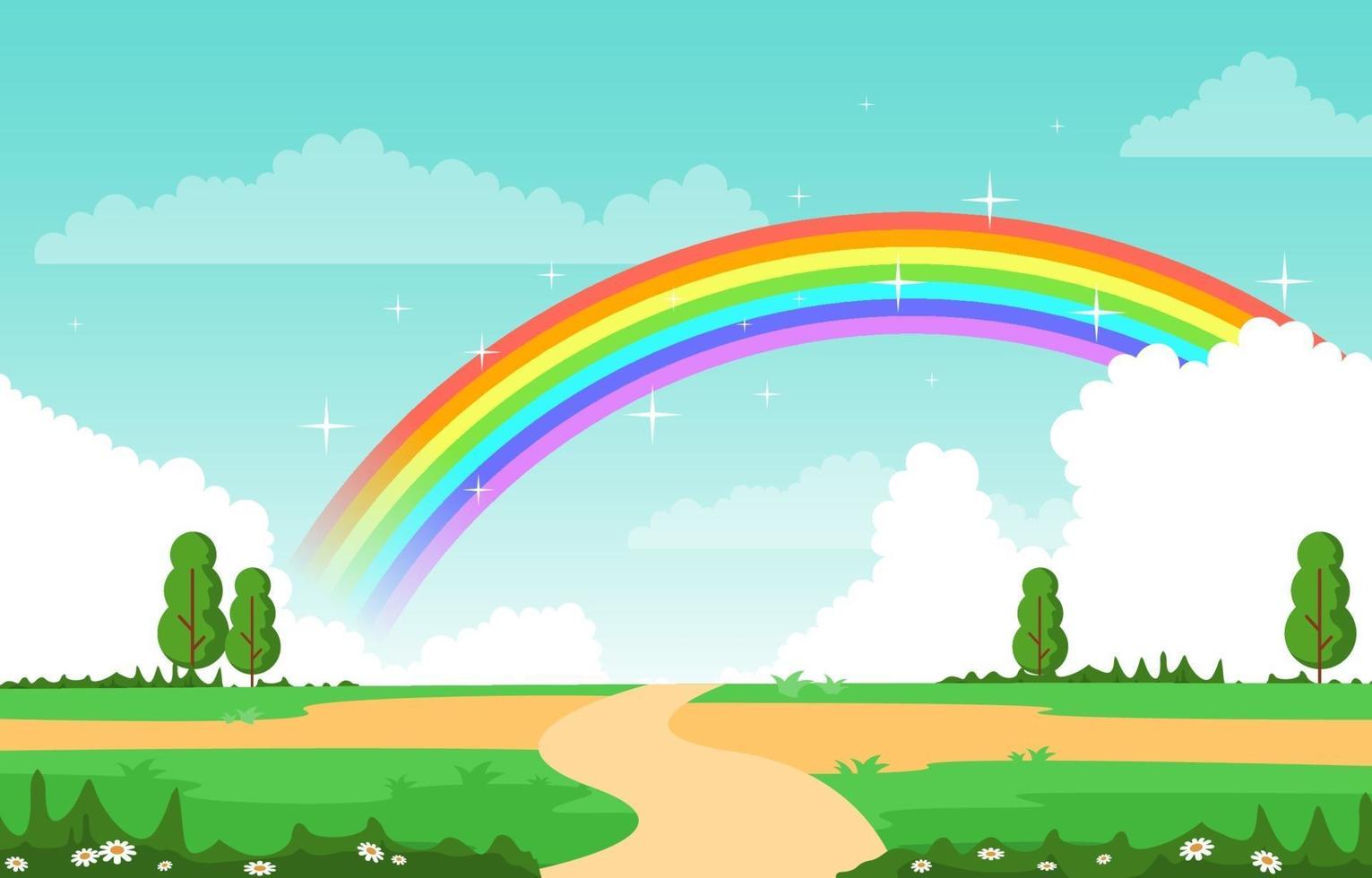 Beautiful Rainbow in Summer Nature Landscape Scenery Illustration vector