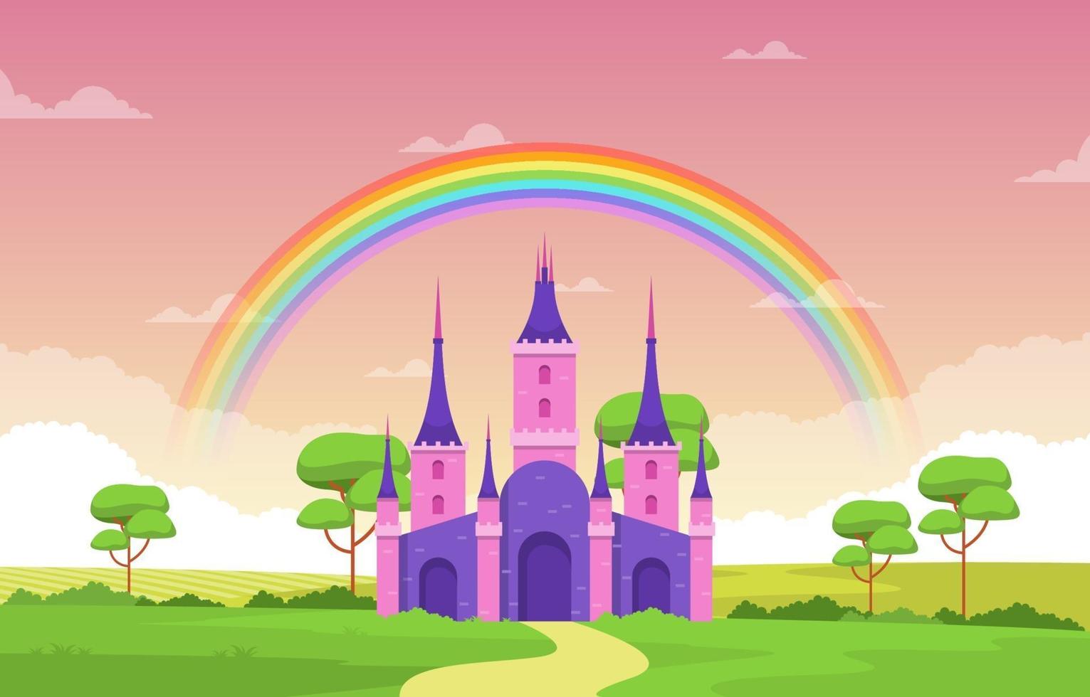 castillo palacio arcoiris en el país de las hadas cuentos de hadas paisaje ilustración vector