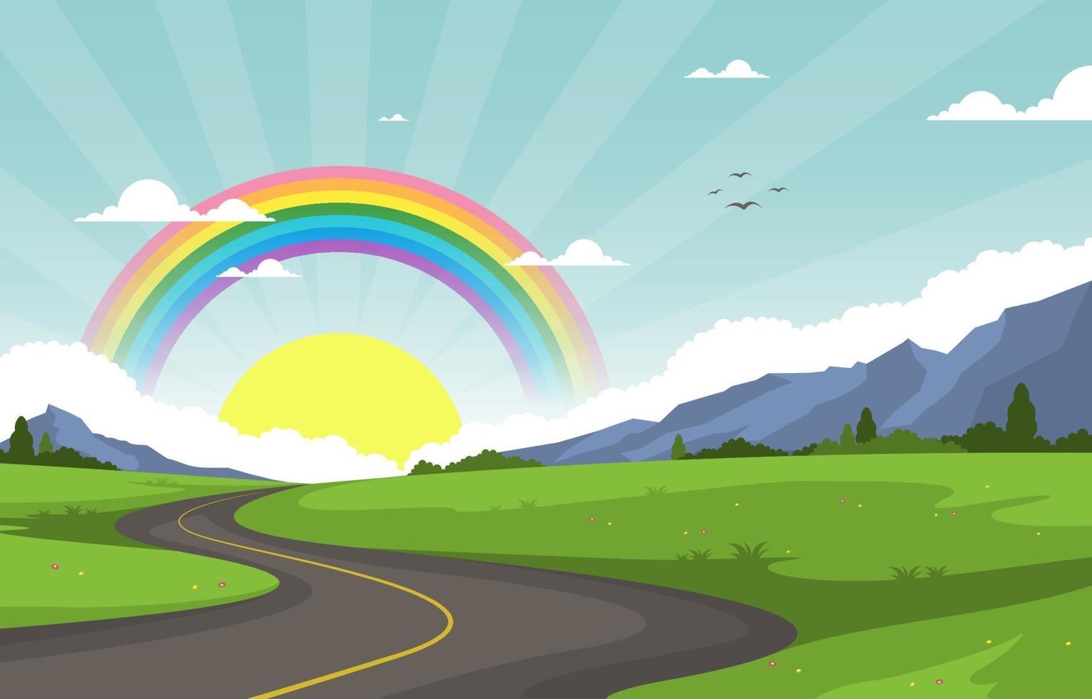 camino sinuoso arco iris naturaleza paisaje paisaje ilustración vector