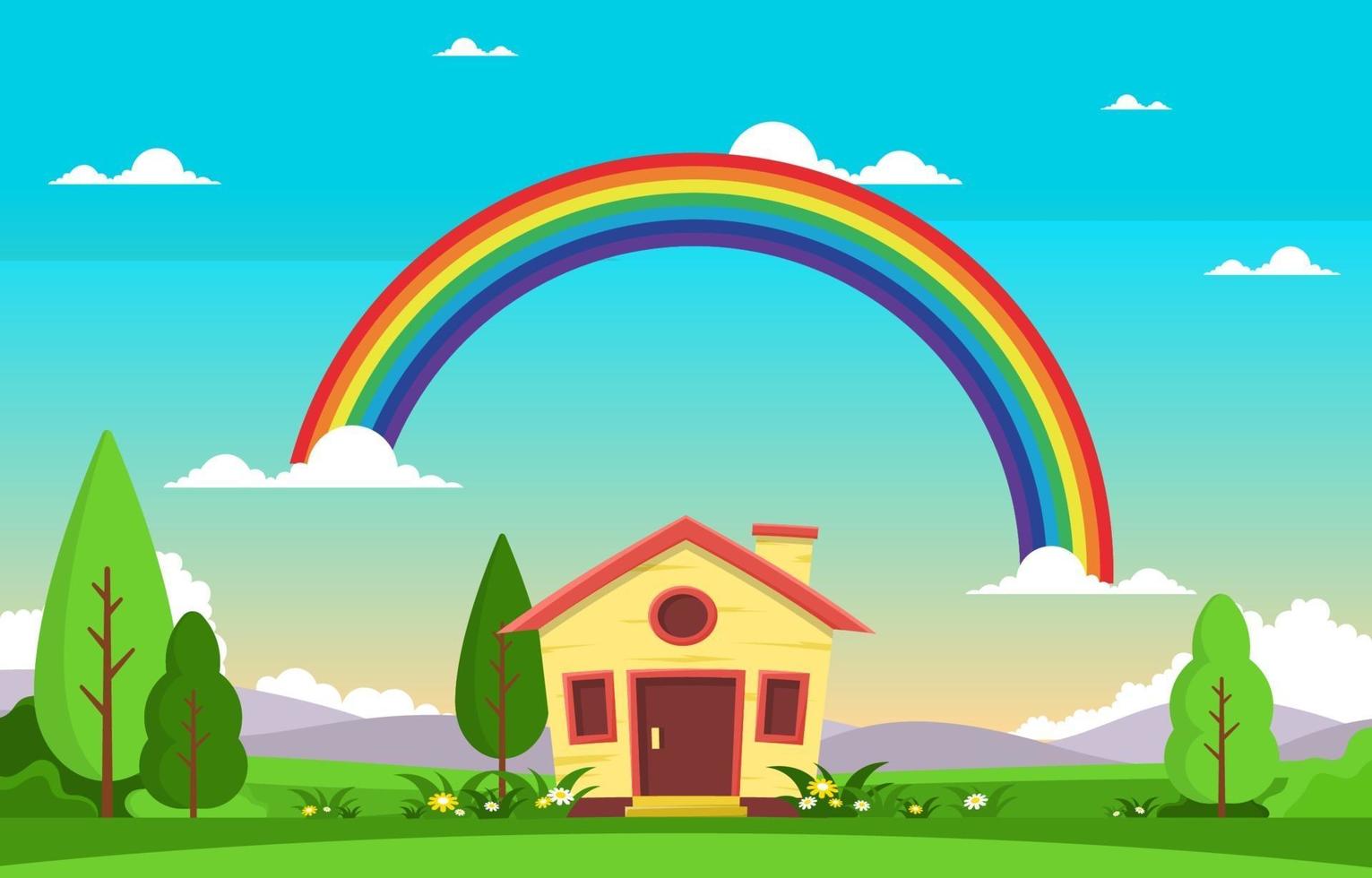 casita con arco iris verano naturaleza paisaje ilustración vector