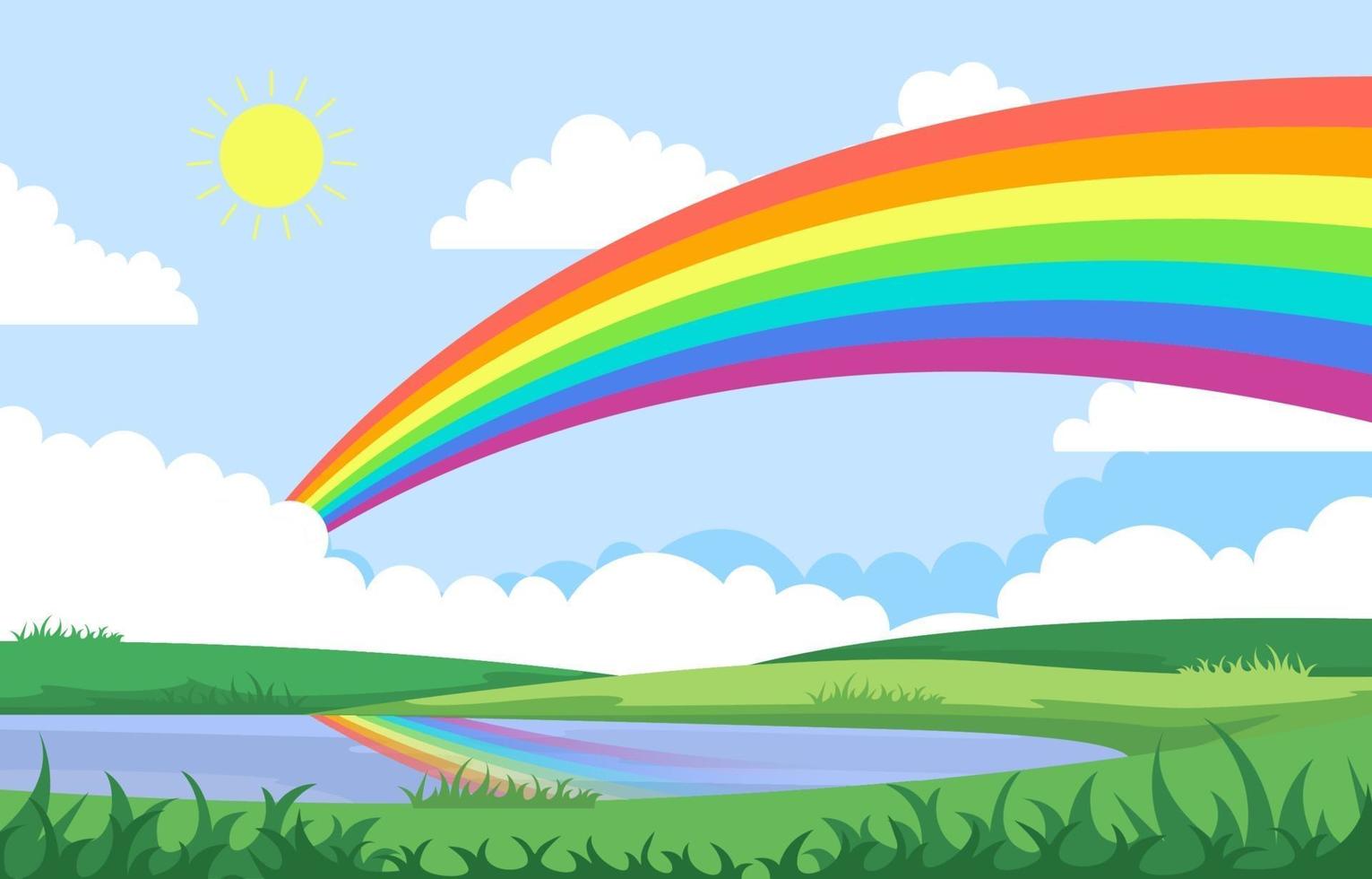 arco iris sobre el estanque lago naturaleza paisaje paisaje ilustración vector