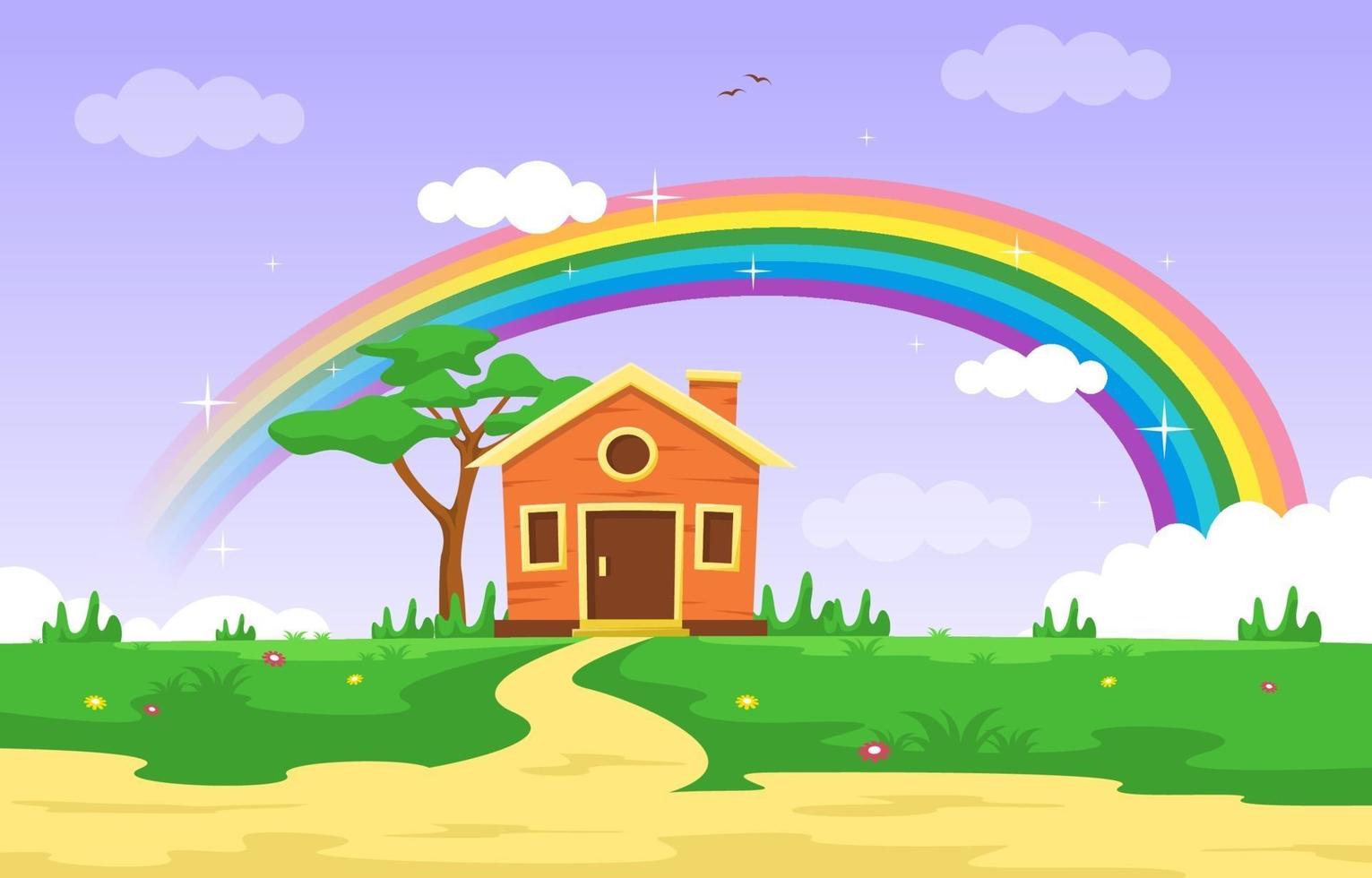 casita con arco iris verano naturaleza paisaje ilustración vector