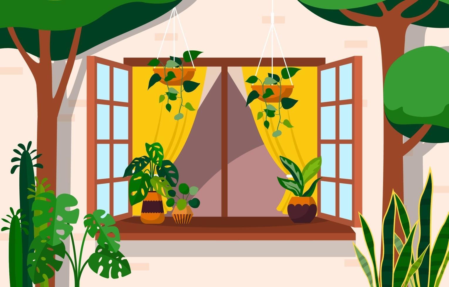 Tropical Houseplant Green Decorative Plant Window House Illustration vector