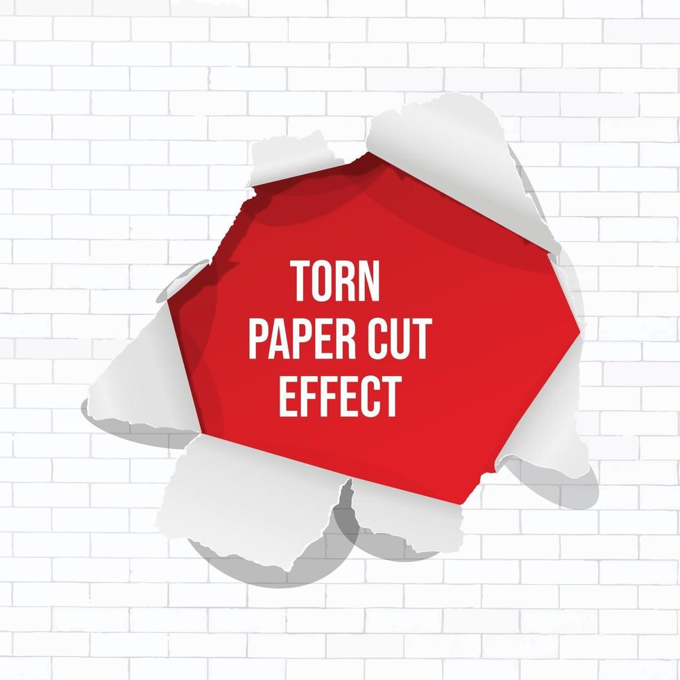 Torn Paper Cut Effect. Isolated with white brick wall vector