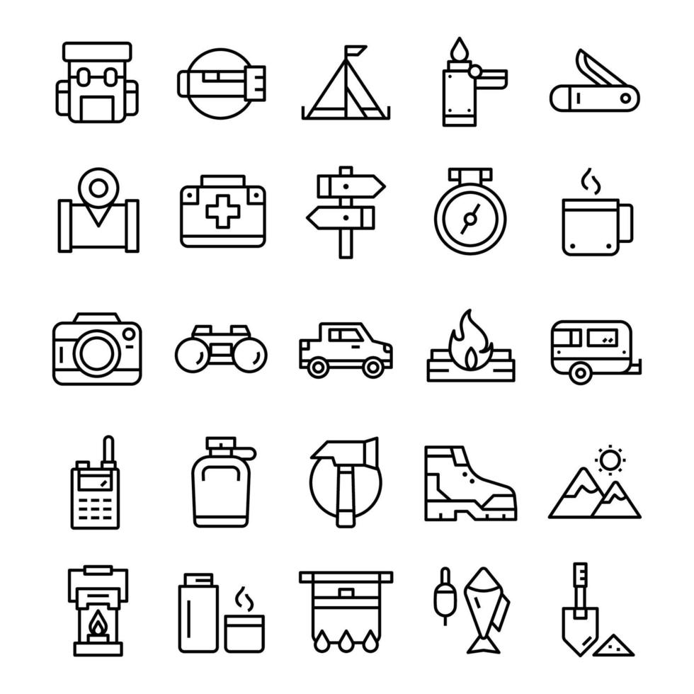 Set of Hiking Camping icons with line art style vector