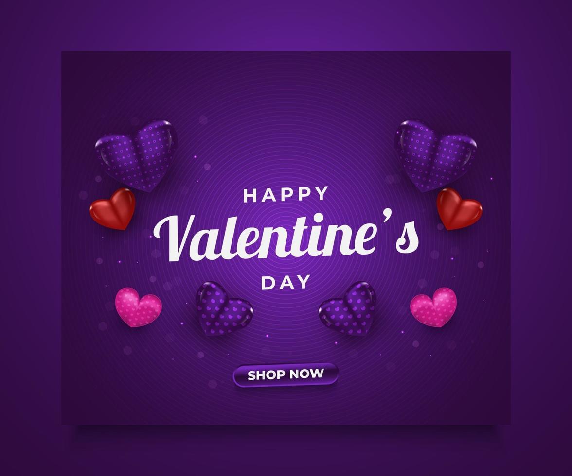 Valentine's day sale banner or poster with 3d colorful hearts spread on purple background for advertisement or promotion vector