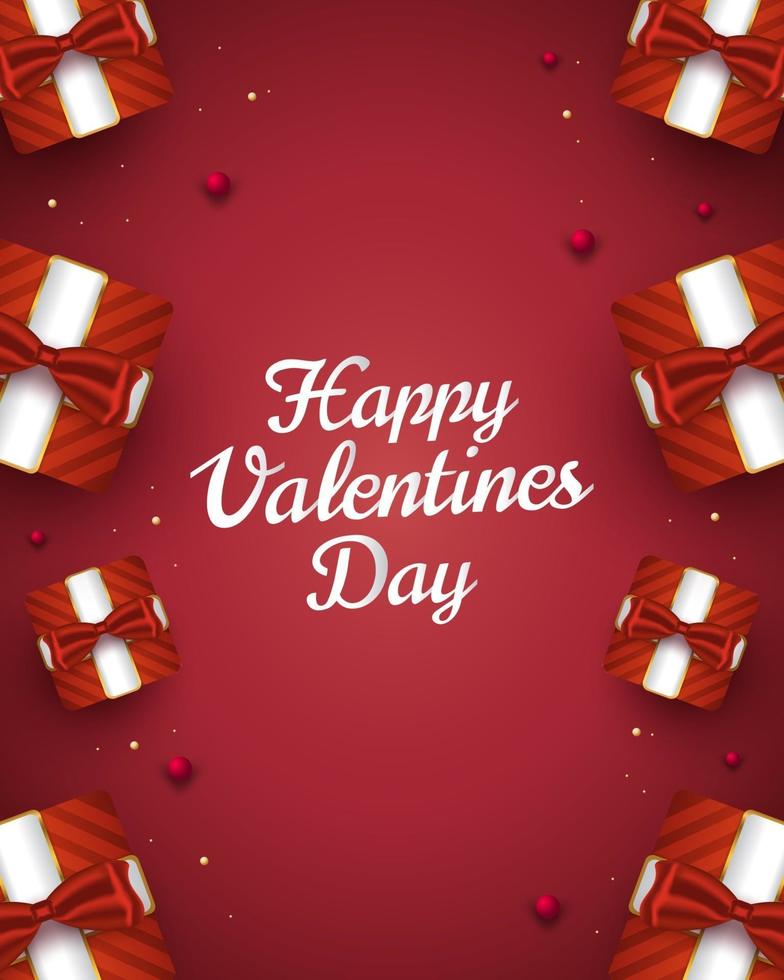 Happy Valentine's Day greeting card with 3d gift boxes and hearts spread on red background. Romantic background with 3d decorative objects. Vector illustration