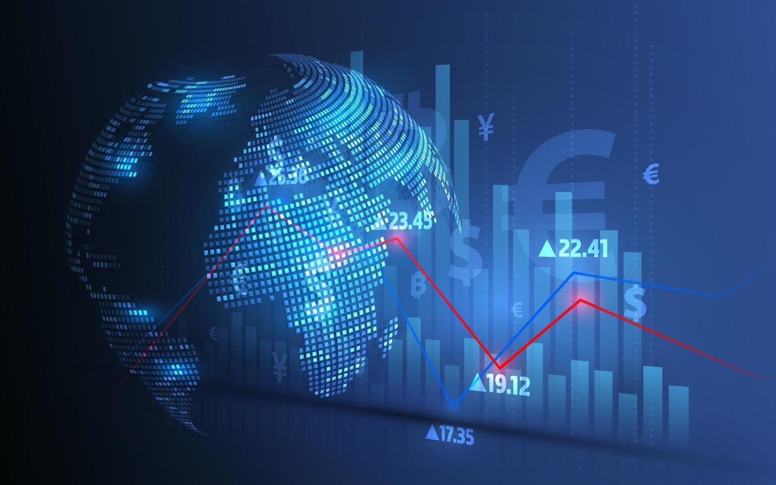 Stock market analysis and stock trading, currency symbols, business graphs and global money transfers vector