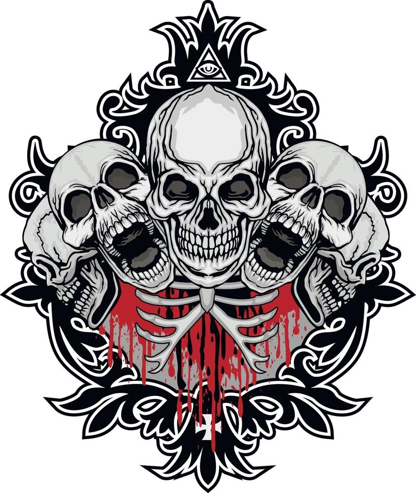 Signo gótico con calavera y tórax, camisetas de diseño vintage grunge vector