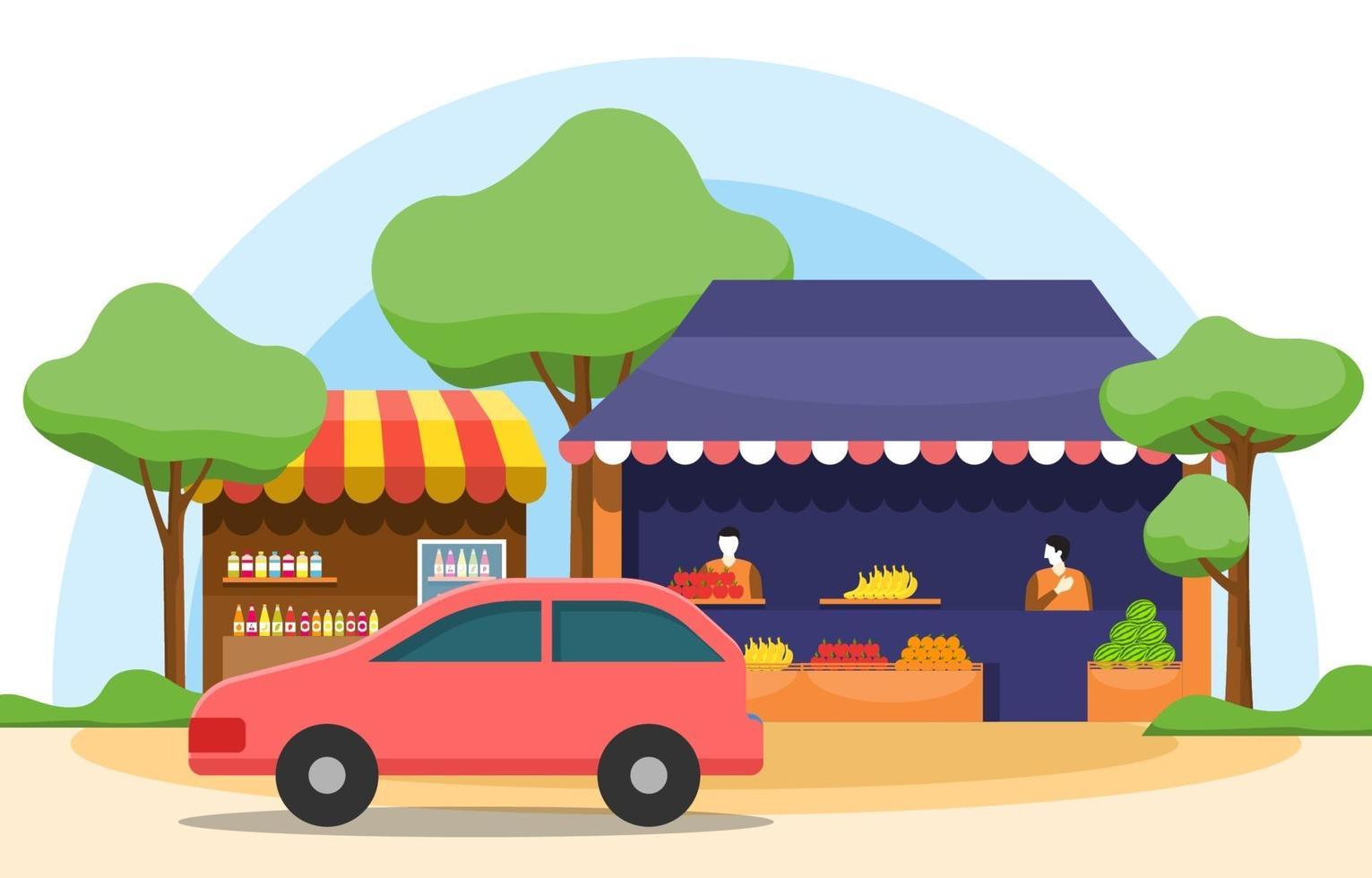 tienda de verduras de frutas en la carretera puesto de comestibles en la ilustración de la ciudad vector