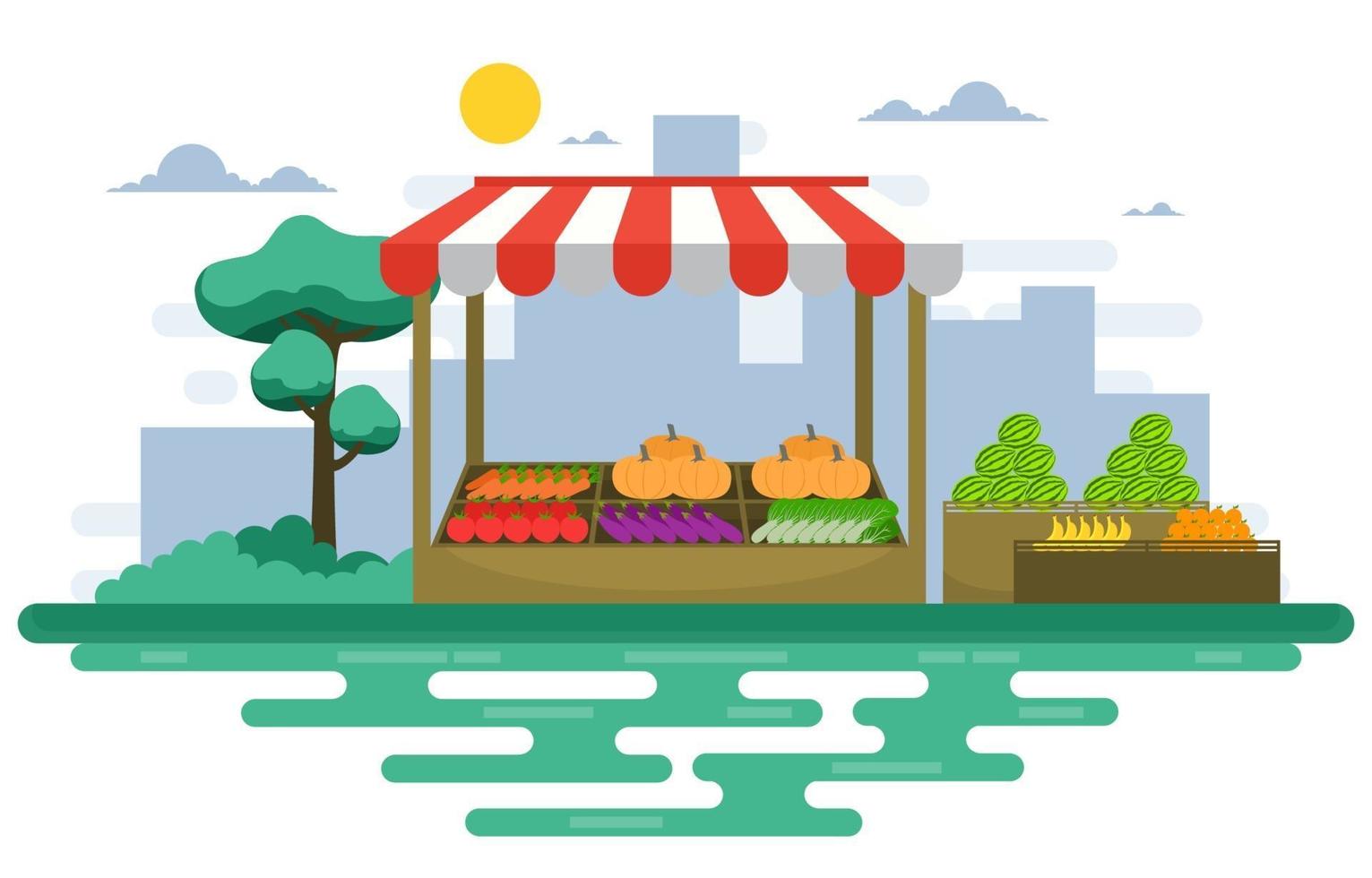 Healthy Fruit Vegetable Store Stall Stand Grocery in City Illustration vector