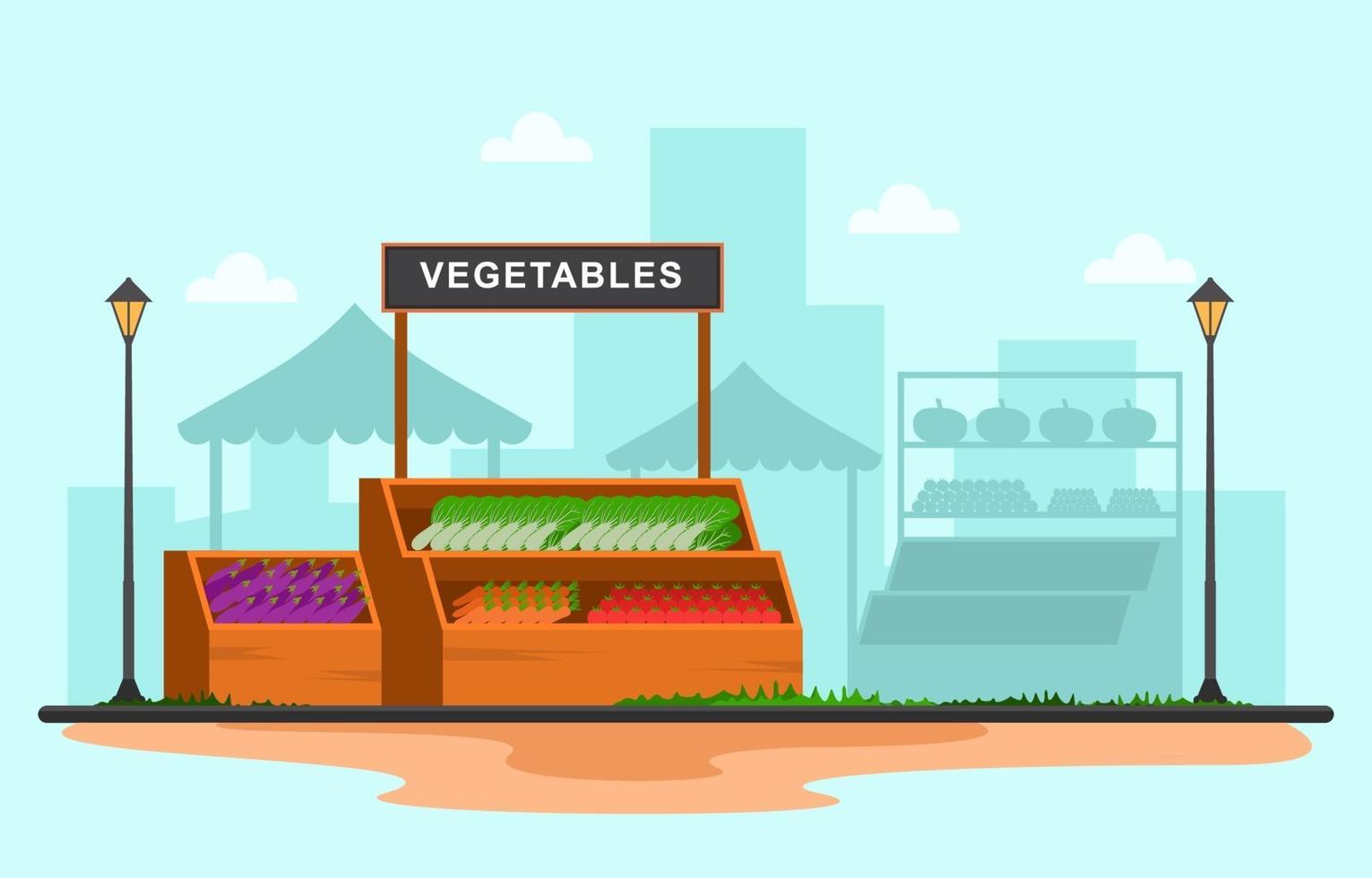 tienda de verduras de frutas saludables puesto de comestibles en la ilustración de la ciudad vector