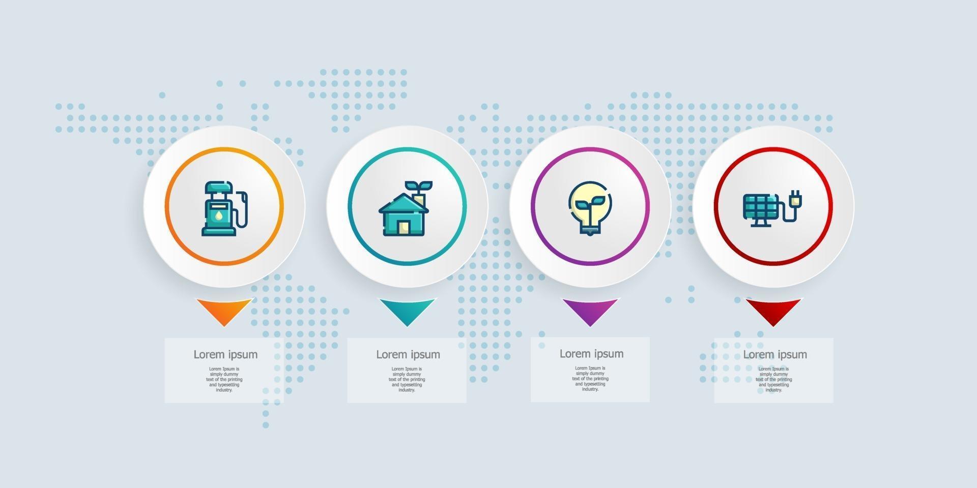 Infografía de línea de tiempo horizontal abstracta 4 pasos con mapa del mundo para negocios y presentación vector