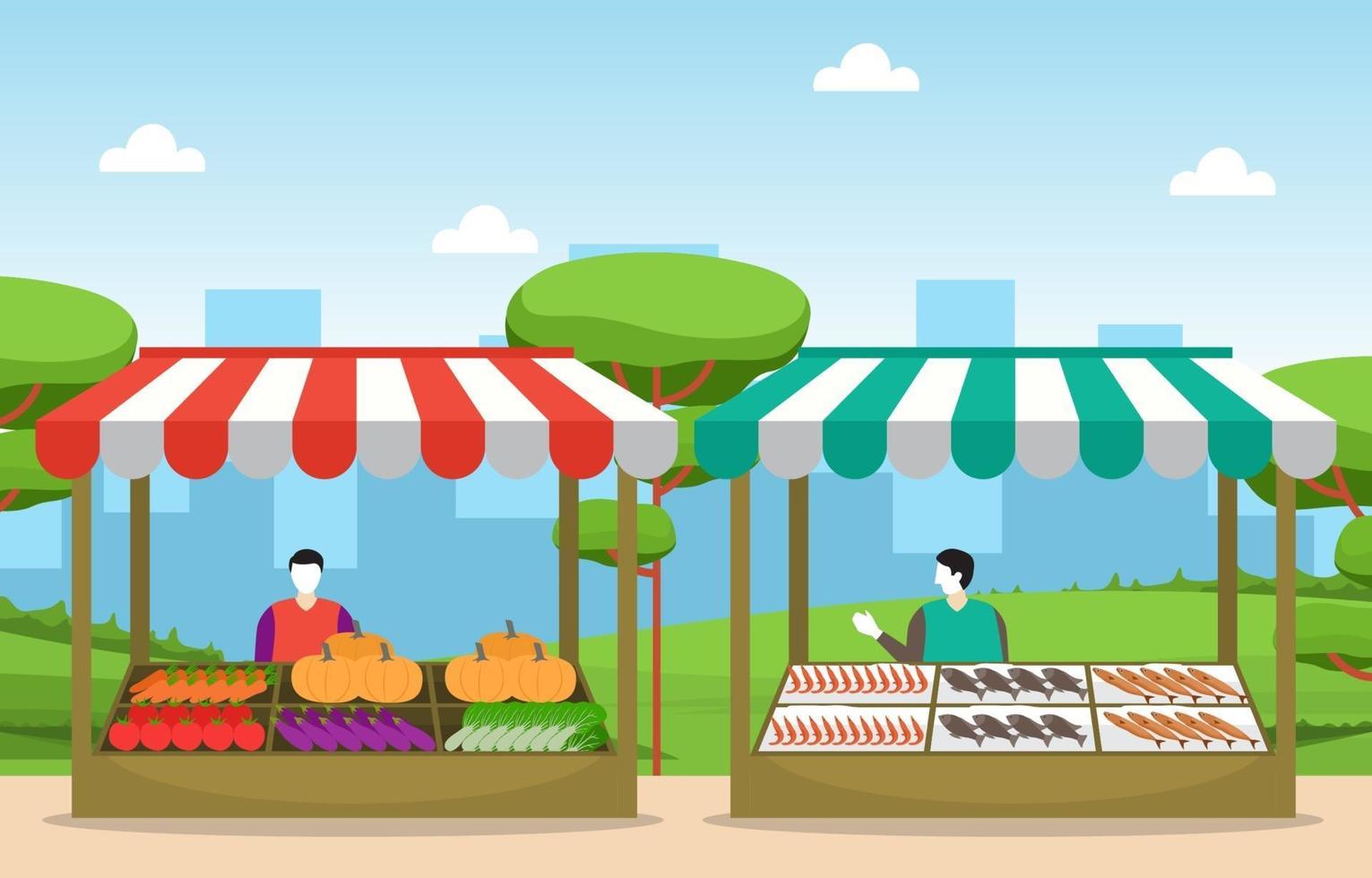 tienda de verduras de frutas saludables puesto de comestibles en la ilustración de la ciudad vector
