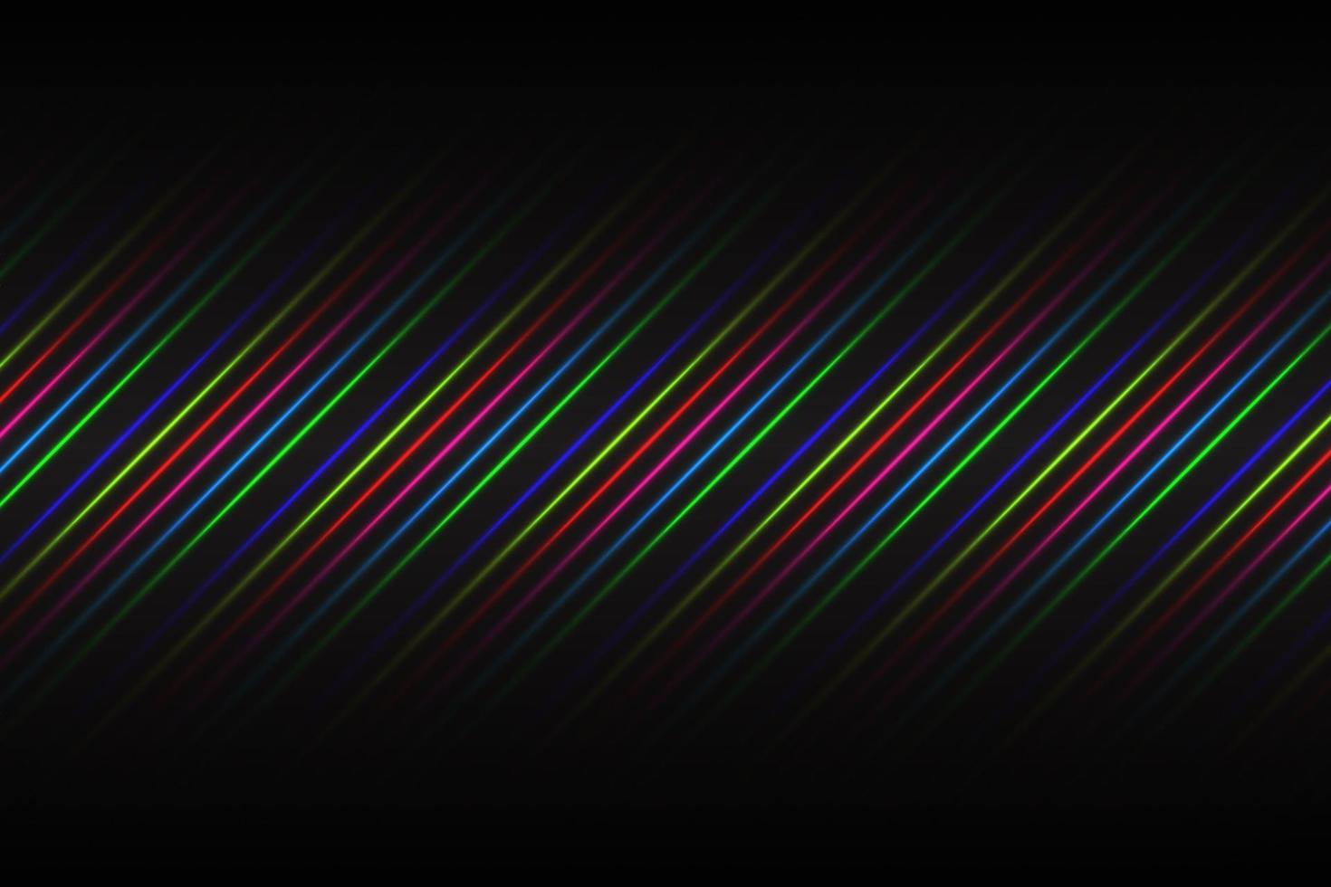 Black abstract background with blue, red, pink, green and yellow neon lines. Simple modern vector illustration