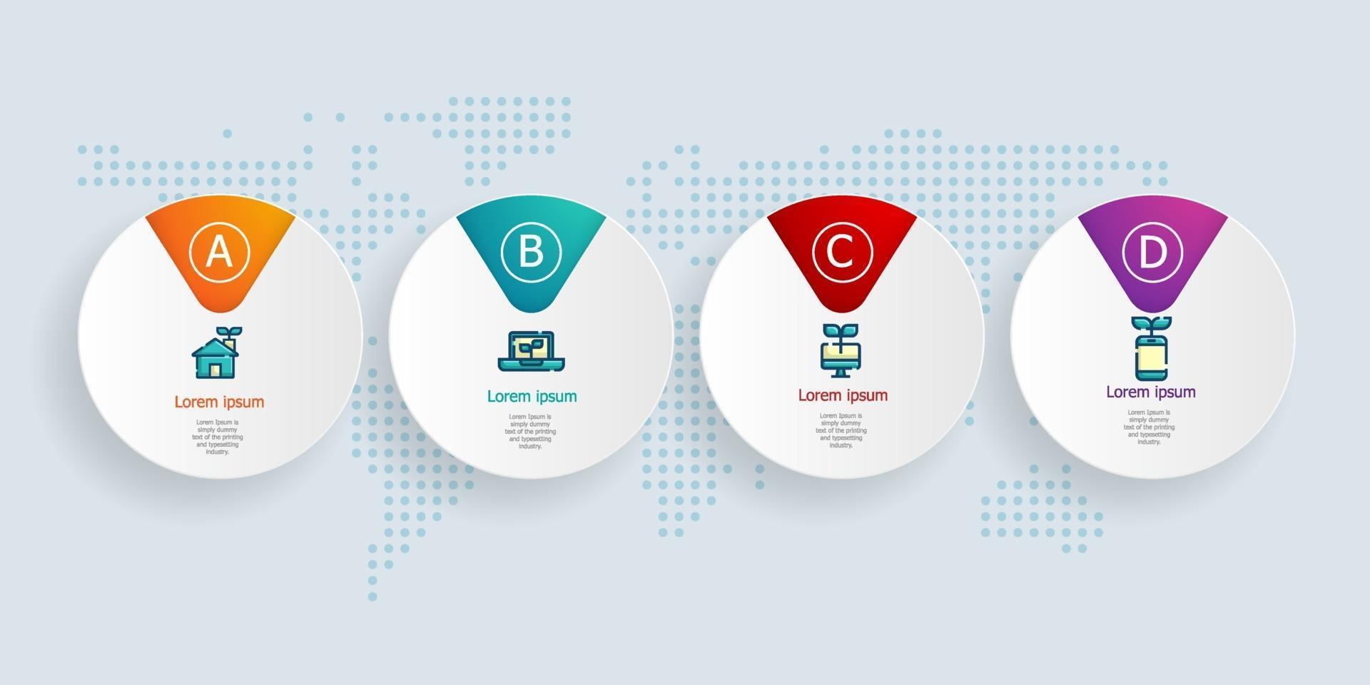 Infografía de línea de tiempo horizontal abstracta 4 pasos con mapa del mundo para negocios y presentación vector