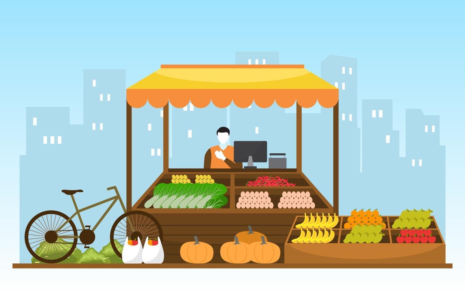 tienda de verduras de frutas saludables puesto de comestibles en la ilustración de la ciudad vector