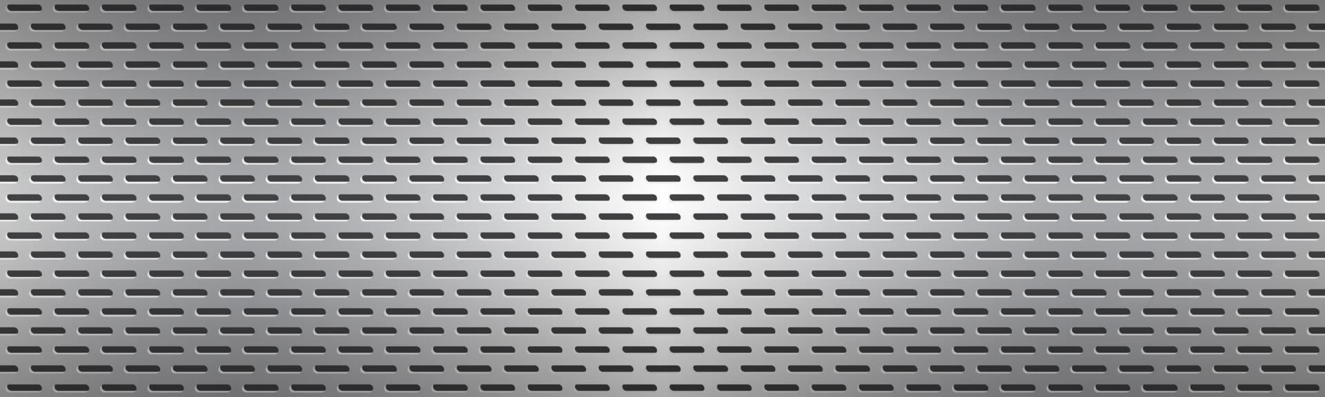 Structured silver perforated metal texture header. Aluminium grating. Abstract metallic banner. Vector illustration