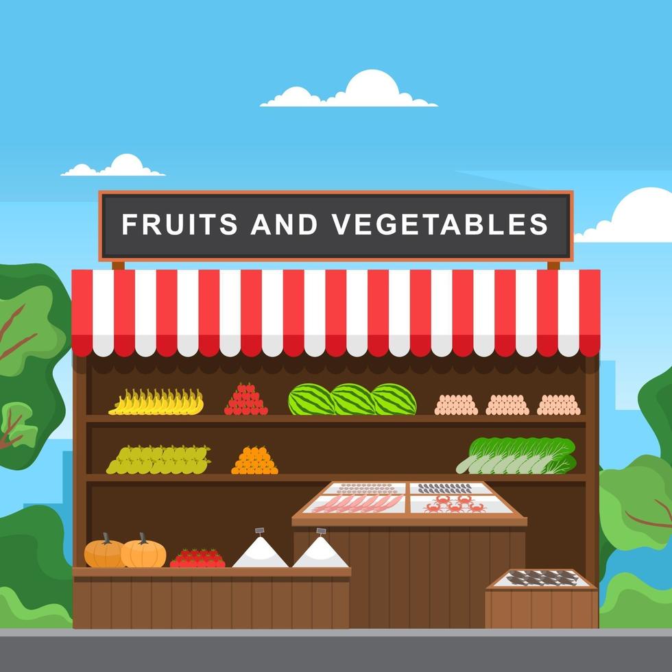 tienda de verduras de frutas frescas puesto de comestibles en el mercado ilustración vector