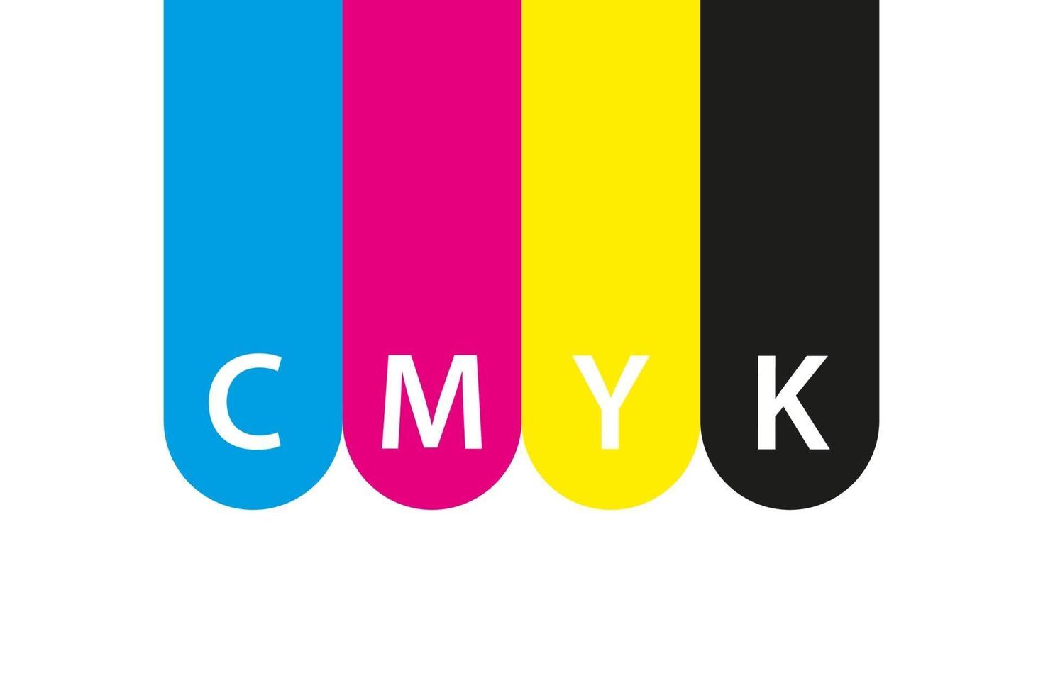 icono de impresión cmyk. cuatro círculos en símbolos de colores cmyk. cian, magenta, amarillo, llave, ruedas negras aisladas sobre fondo blanco vector