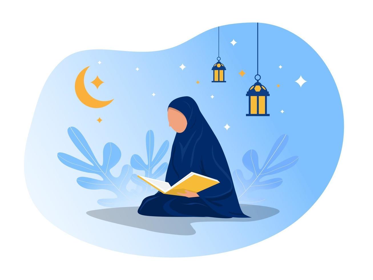 La mujer está leyendo al Corán en la noche del día de Ramadán en el ilustrador de vectores de fondo azul.