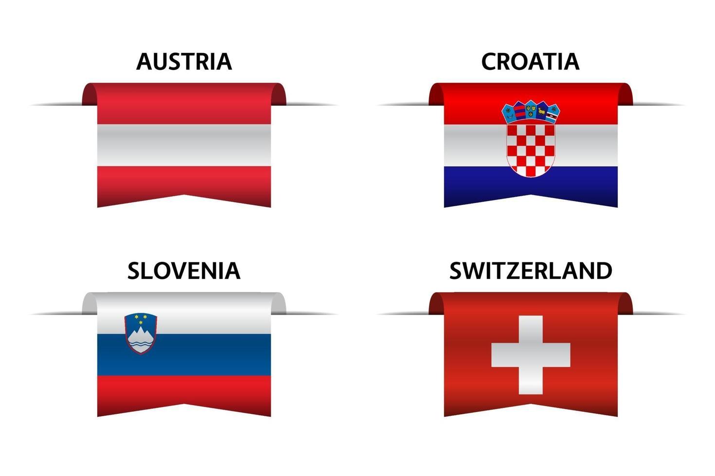 conjunto de cuatro cintas austriacas, croatas, eslovenas y suizas. fabricado en austria, fabricado en croacia, fabricado en eslovenia y fabricado en suiza pegatinas y etiquetas. vector iconos simples con banderas