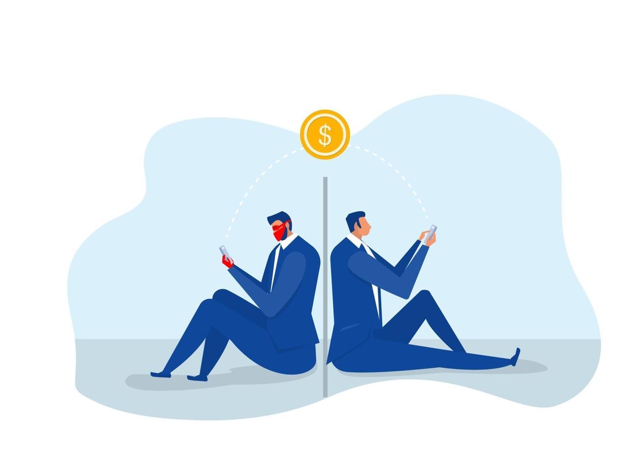 business man transfer money vector illustration. Hacker attack on mobile. Successful businessman flat